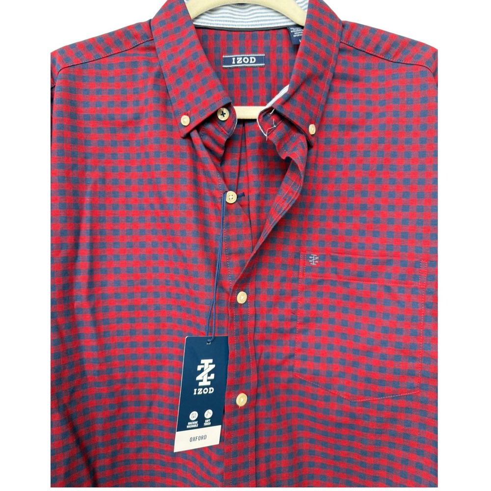 IZOD Mens LG Oxford Woven Gingham Button Down Shirt Sundried Tomato‎ Red - Picture 2 of 5